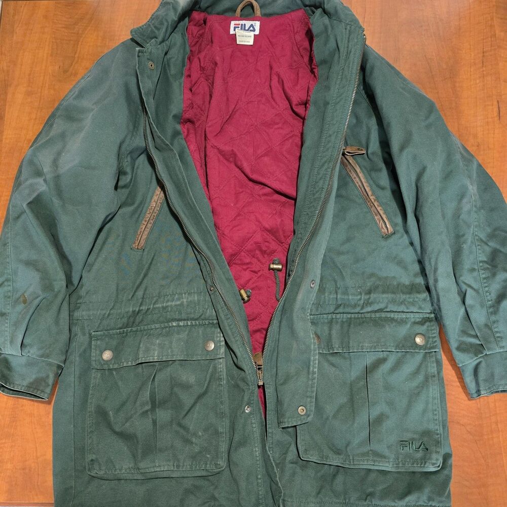 Fila Vintage 90s Mens Cranberry Quilted Zip Snap Button Closure Barn Jacket L